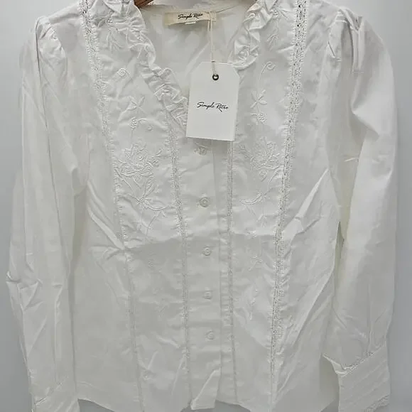 Simple Retro M Faith Lace Patchwork Embroidered Off White Cottagecore Blouse - Picture 3 of 13